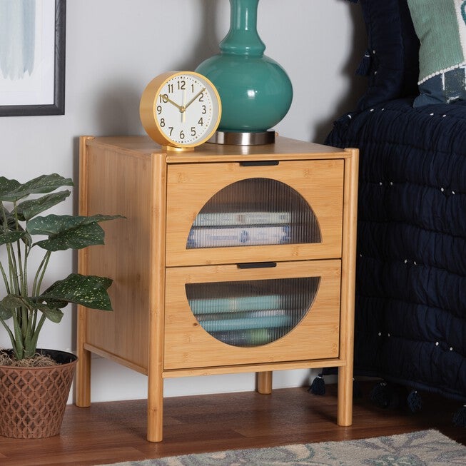 Naresh Mid-Century Modern Transitional Natural Brown Bamboo Wood 2-Drawer End Table, , alternate image number 5