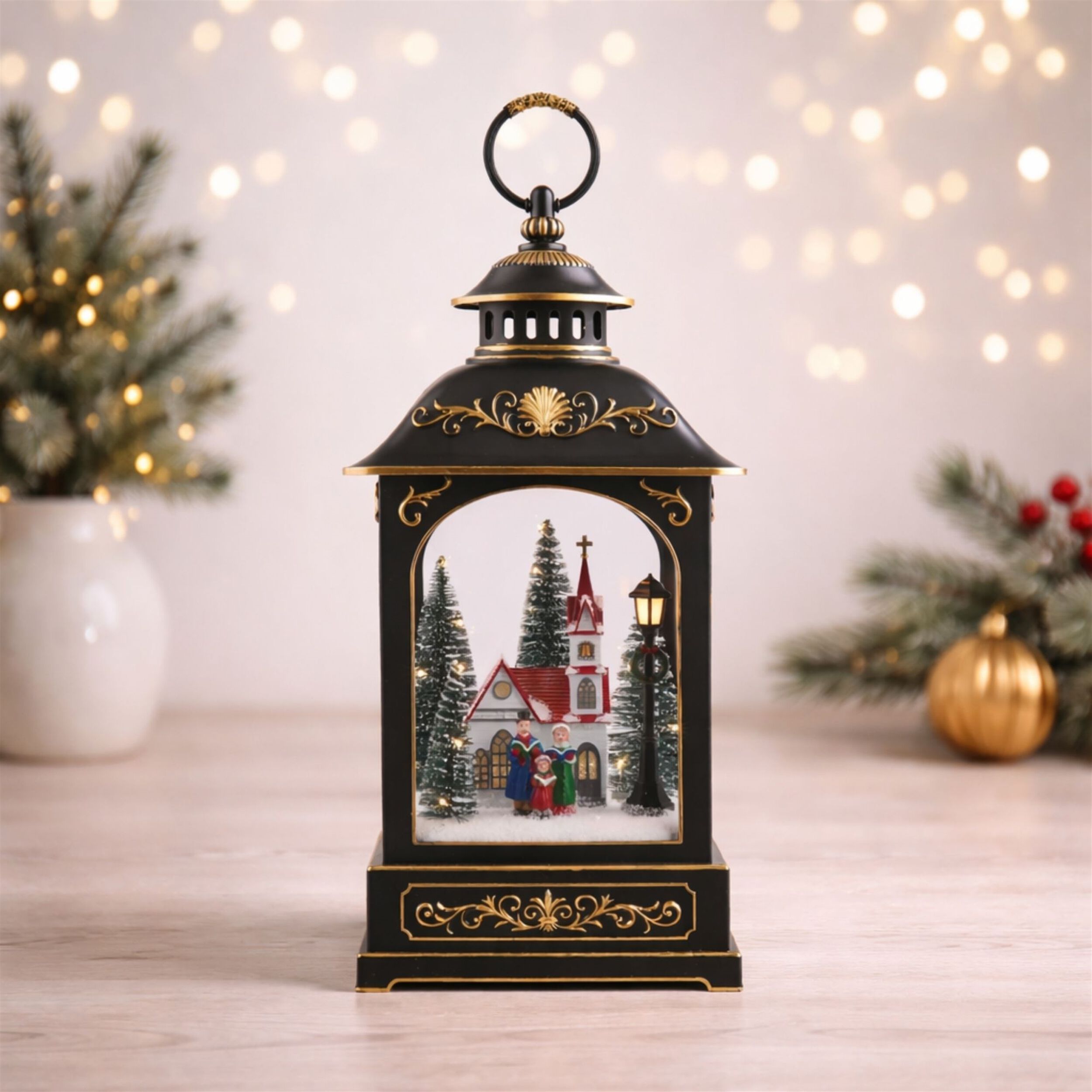LED Lantern Scene with Church and Carolers 17.5 inchesH, BLACK. GOLD, alternate image number 1