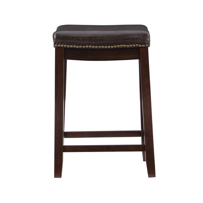 Claridge faux leather bar stool side view with studded seat and dark frame