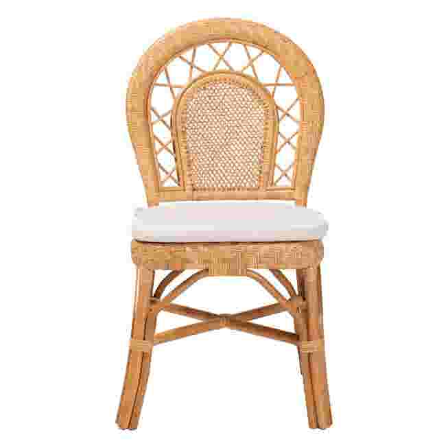 Front view of rattan dining chair with white cushion