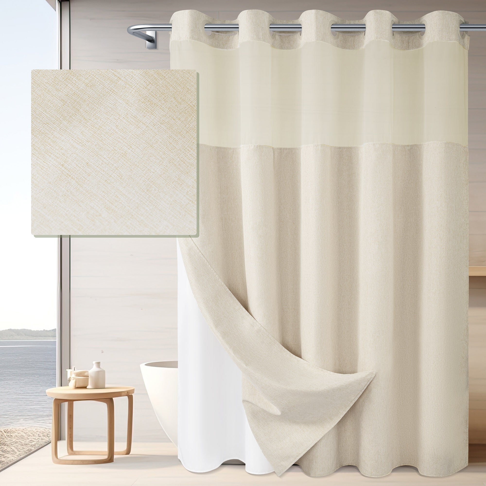 No Hook Linen Texture Shower Curtain with Snap-in Liner, CREAM, hi-res image number 0