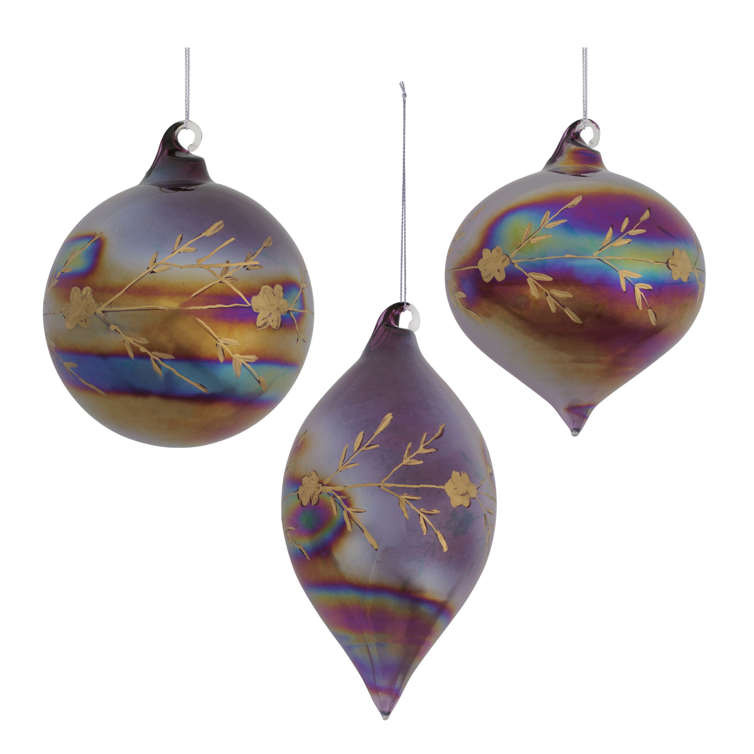 Iridescent Etched Glass Ornament (Set of 6), PURPLE, hi-res image number 0