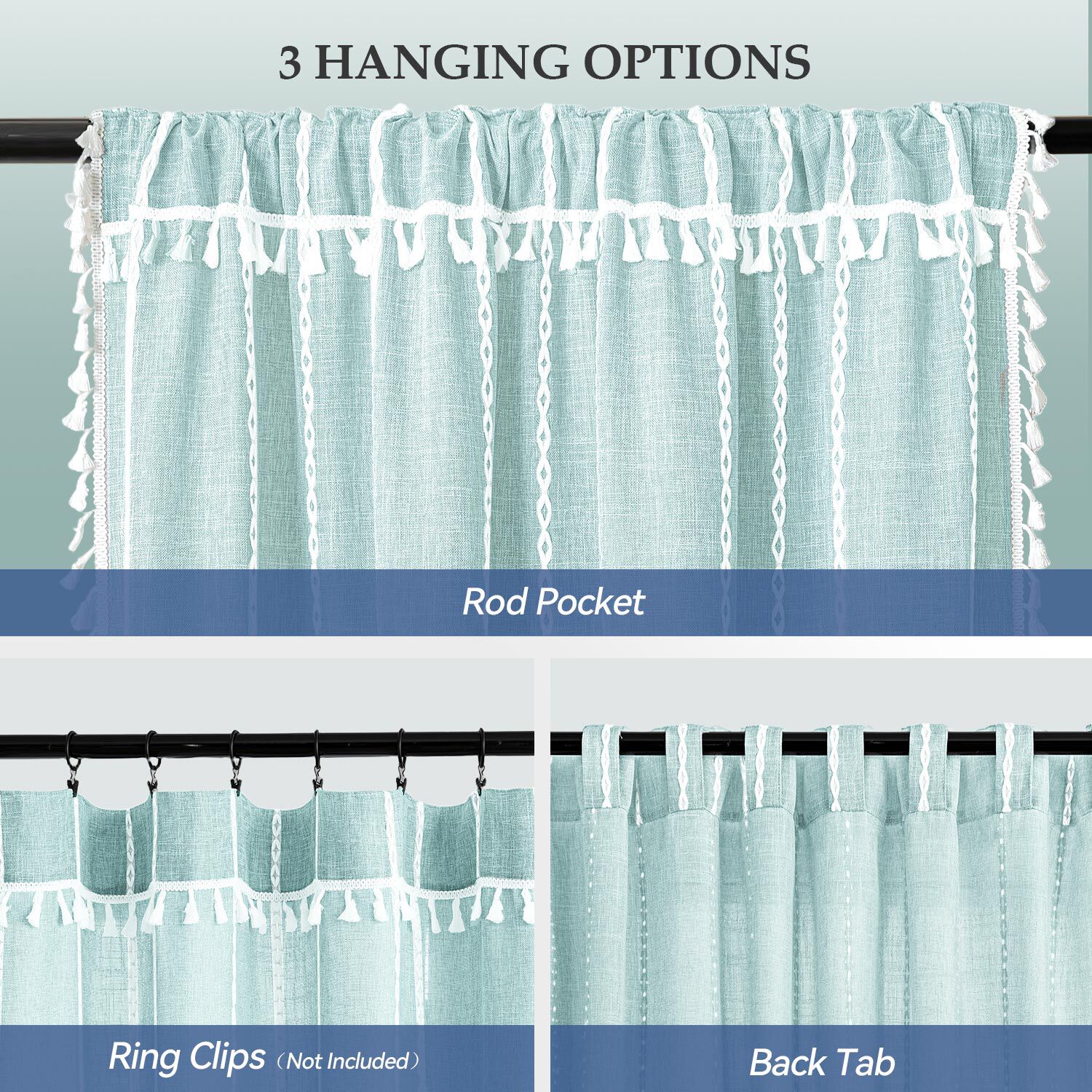 Boho Tassel Light Filtering Curtain Pair, LIGHT BLUE, alternate image number 5