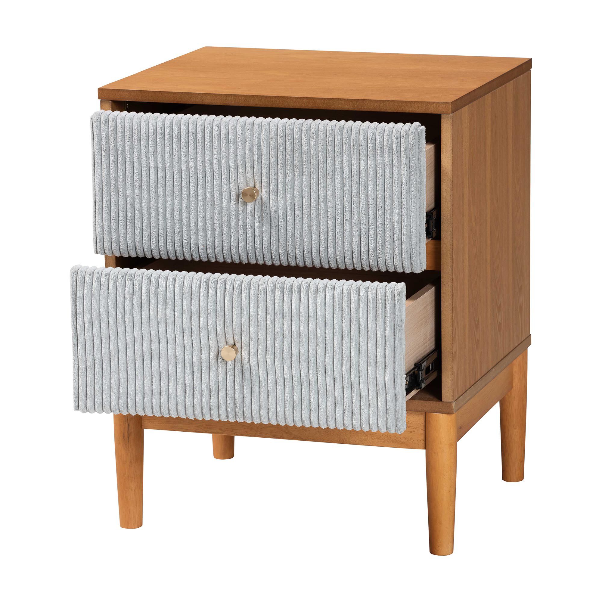 Grey corduroy nightstand with one drawer open