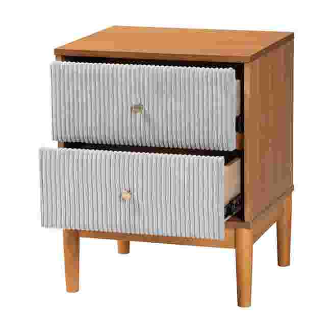 Grey corduroy nightstand with one drawer open