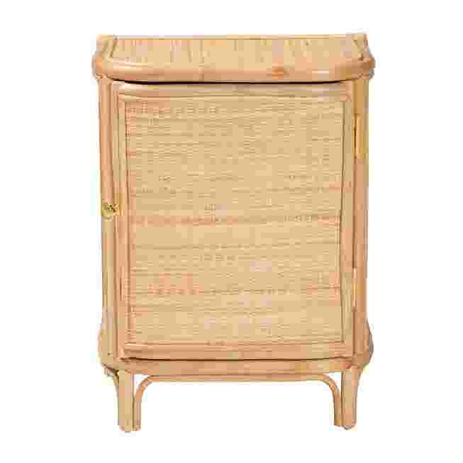 Natural rattan nightstand with a woven front panel and wooden legs.