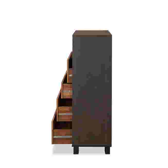 Side and drawer interior of tall dark dresser