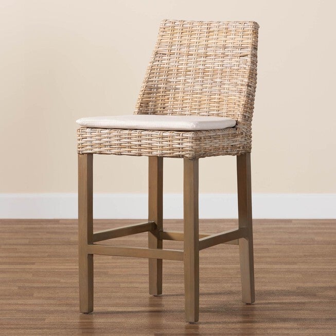 Toby Modern Bohemian Grey Kubu Rattan And Rustic Taupe Finished Mahogany Wood Counter Stool, , alternate image number 7