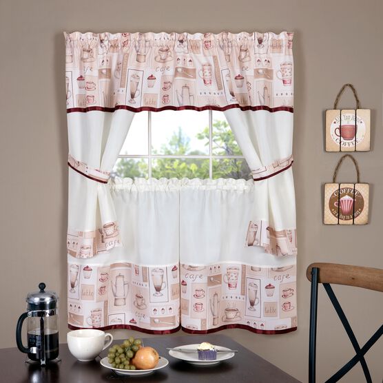 Cappuccino Embellished Cottage Window Curtain Set, BURGUNDY, hi-res image number null
