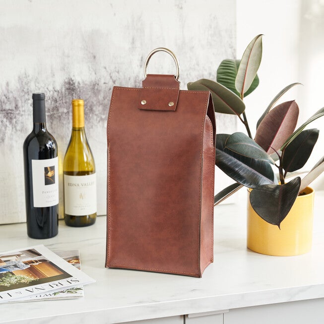 Brown Faux Leather Double-Bottle Wine Tote, , on-hover image number null