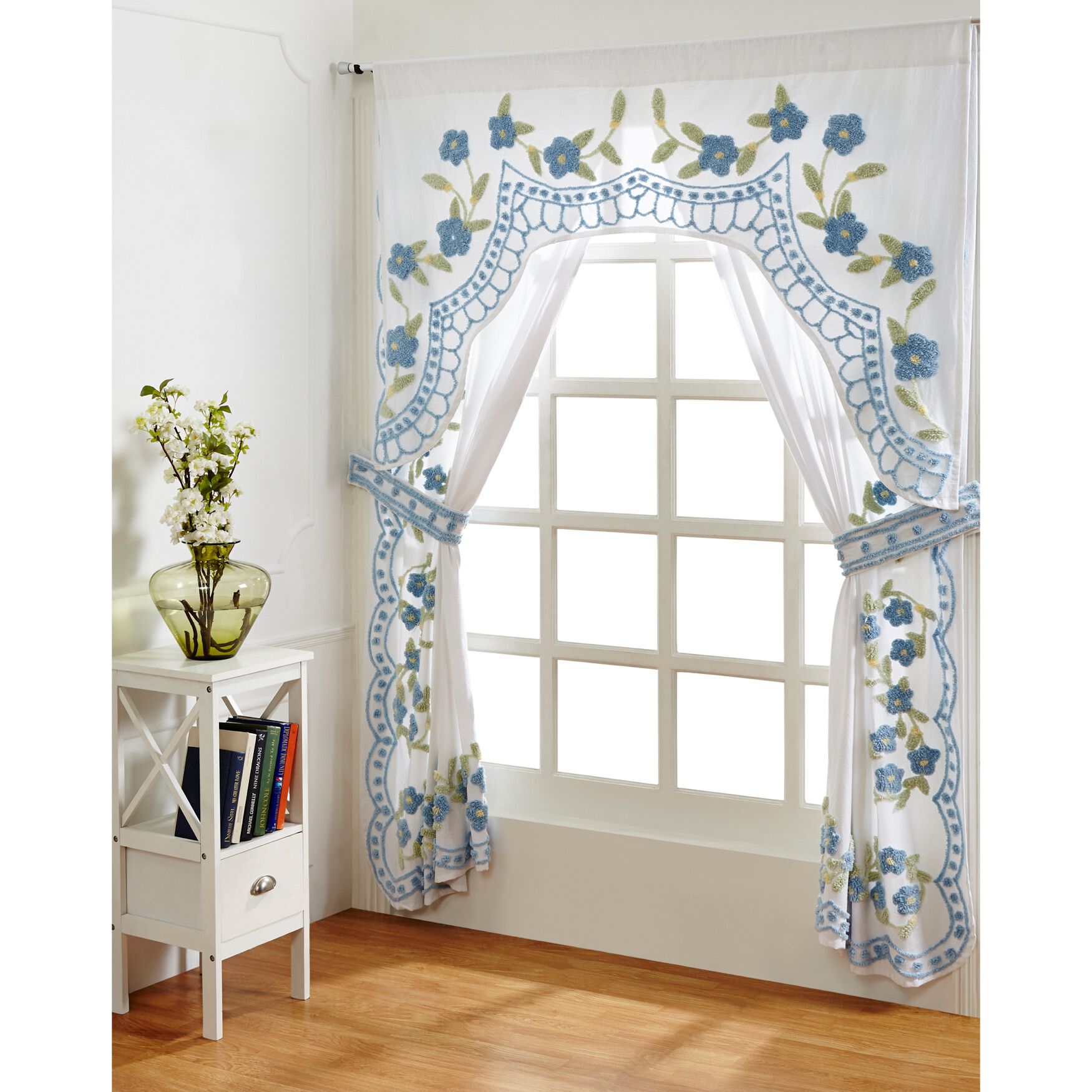 Bloomfield Collection in Floral Design 100% Cotton Tufted Chenille Curtain 2 Piece Set , BLUE, hi-res image number 0