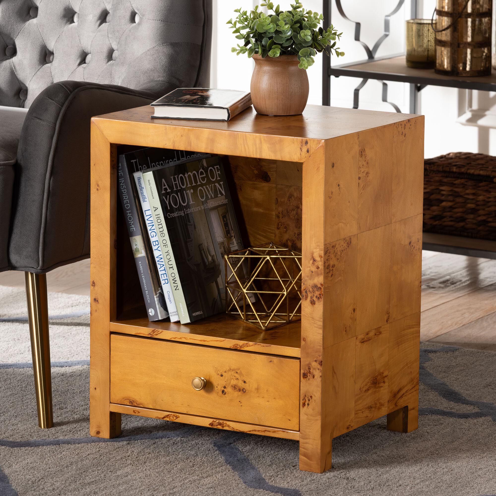 Camira Modern and Contemporary Natural Light Mappa Real Burl Wood 1-Drawer Nightstand, BURL, hi-res image number 0
