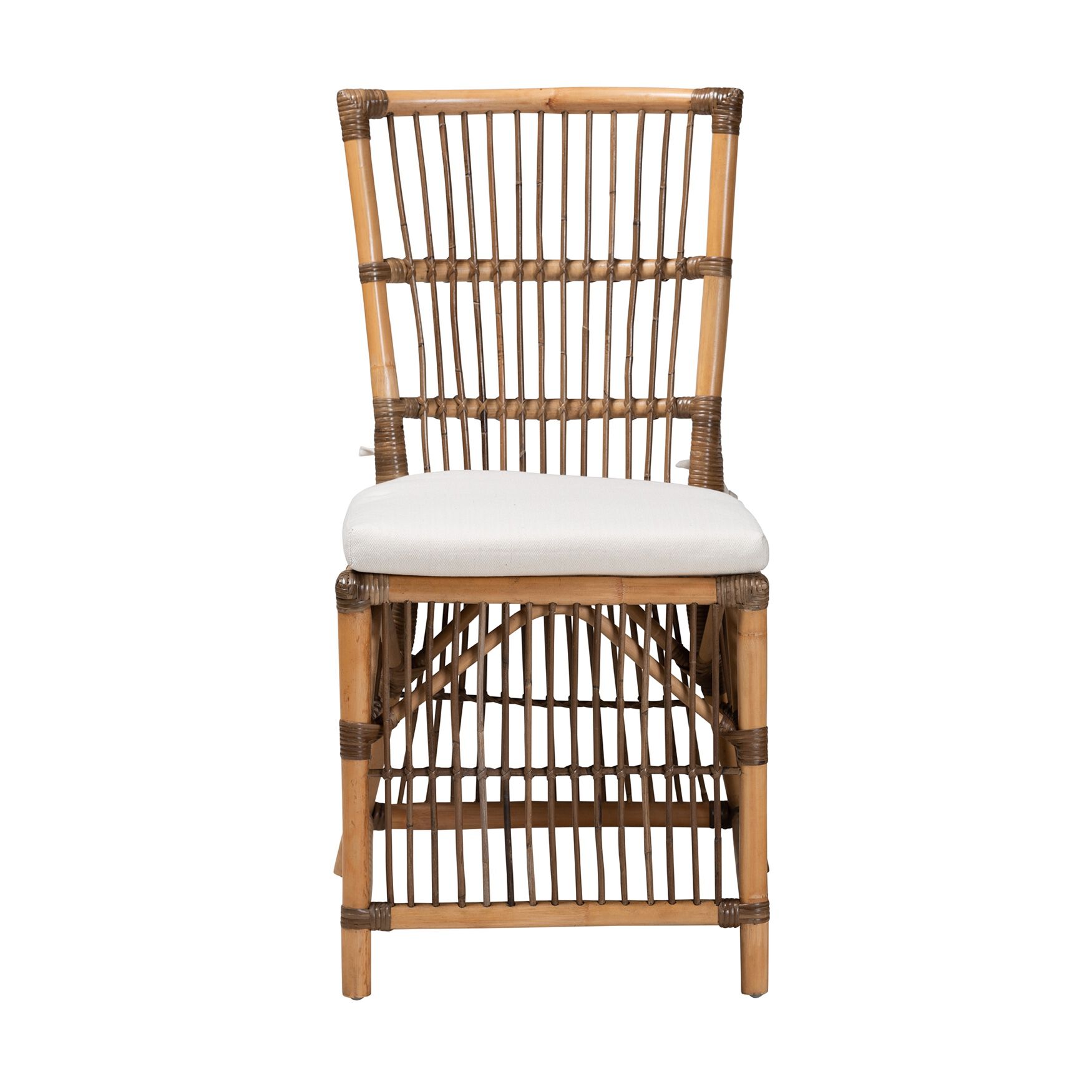 Kim Modern Bohemian White Fabric And Natural Brown Rattan Dining Chair, , on-hover image number 1