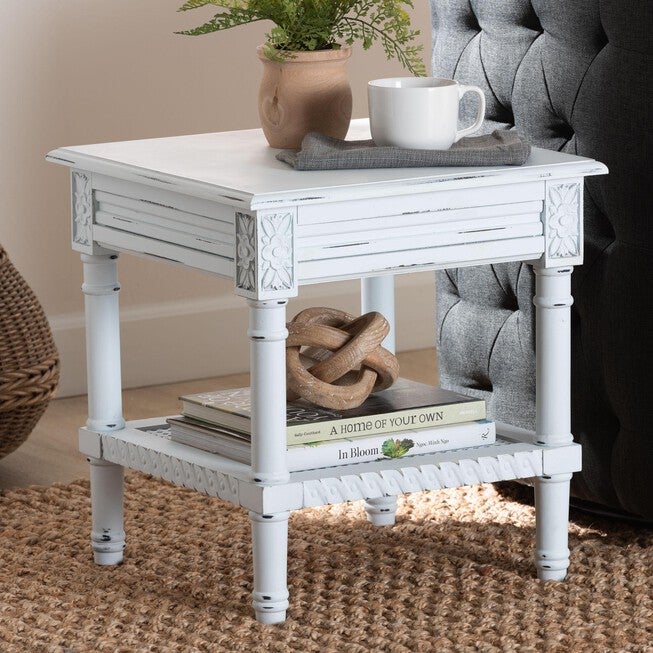 Jeanne Vintage Traditional White Wood End Table, WHITE, hi-res image number null