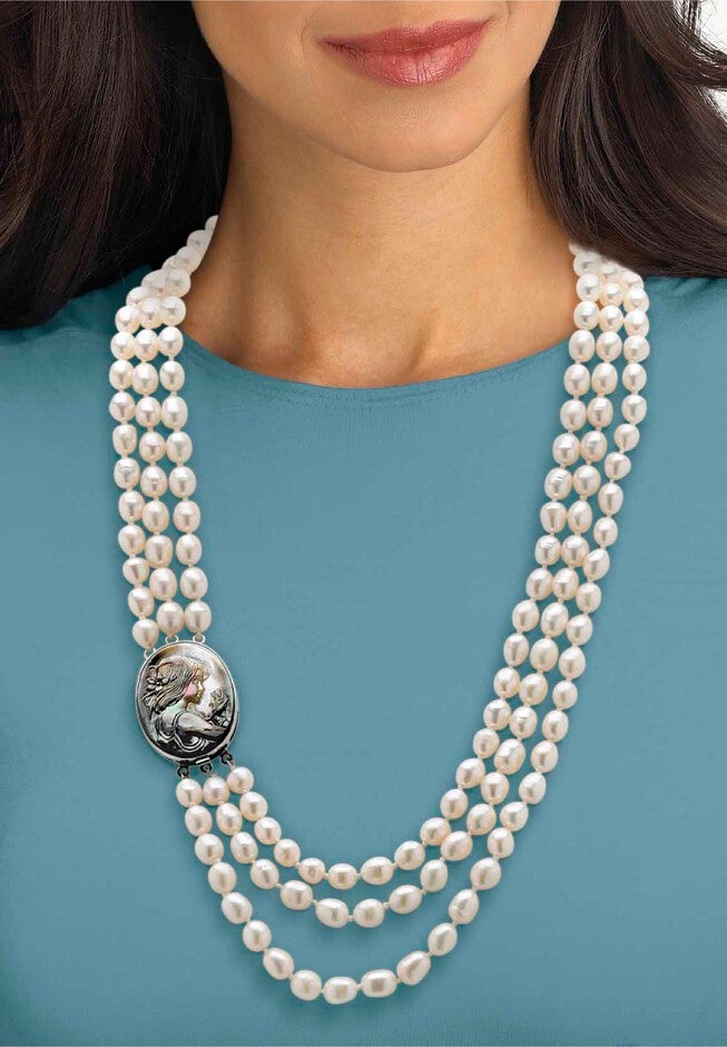 Silver Tone Multi Strand Cameo Necklace Cultured Freshwater Pearl 28 inches, , alternate image number null