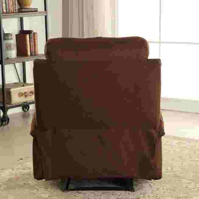 Brown recliner back view in showroom