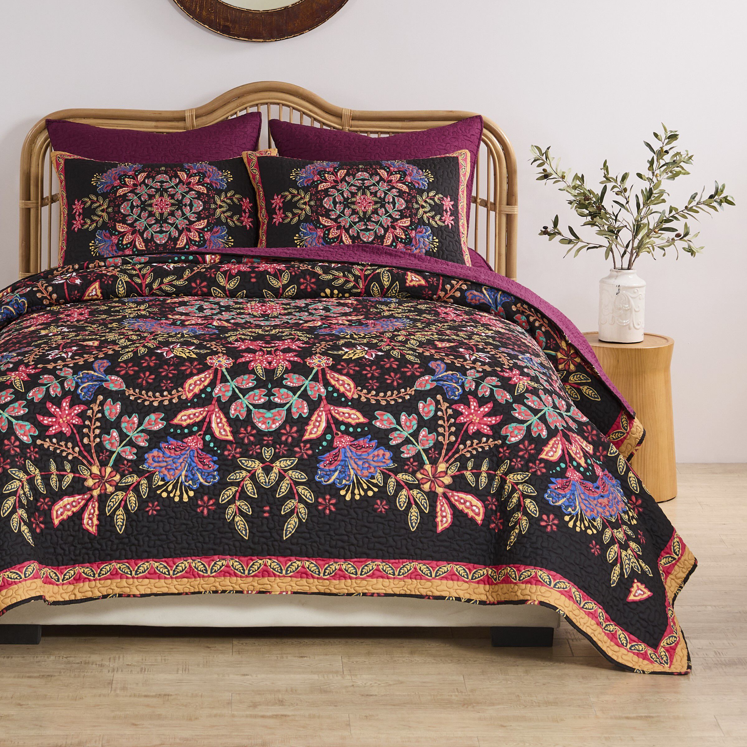 Jessa Ornate Botanical Finely Stitched Quilt Set, MIDNIGHT, alternate image number 3