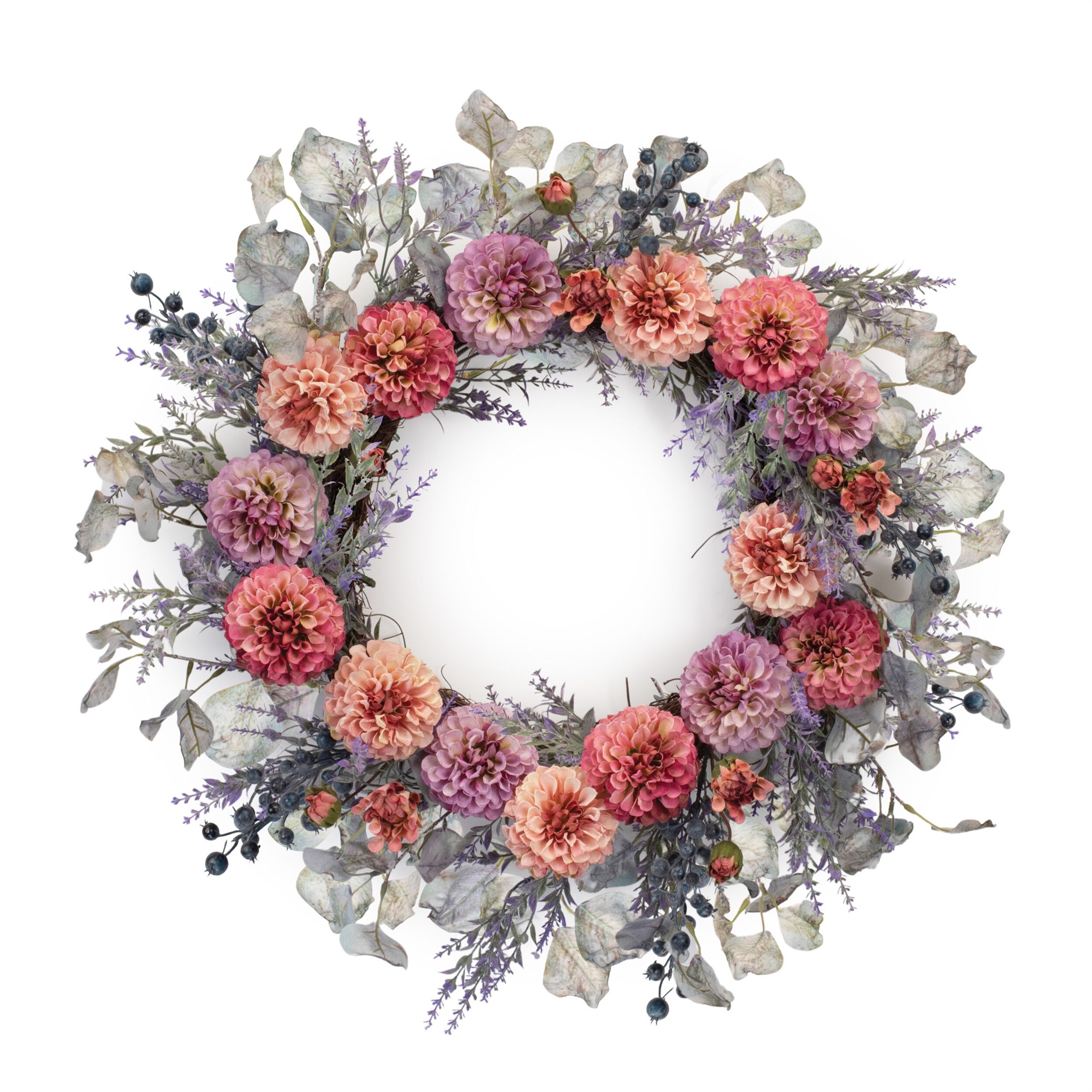 Mixed Zinnia Floral Wreath 24 inchesD, PURPLE/PINK/GREEN, hi-res image number 0