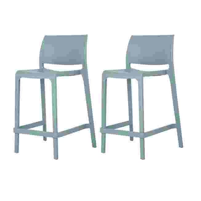 Set of 2 stackable outdoor counter stools with blue-gray seats and light green legs