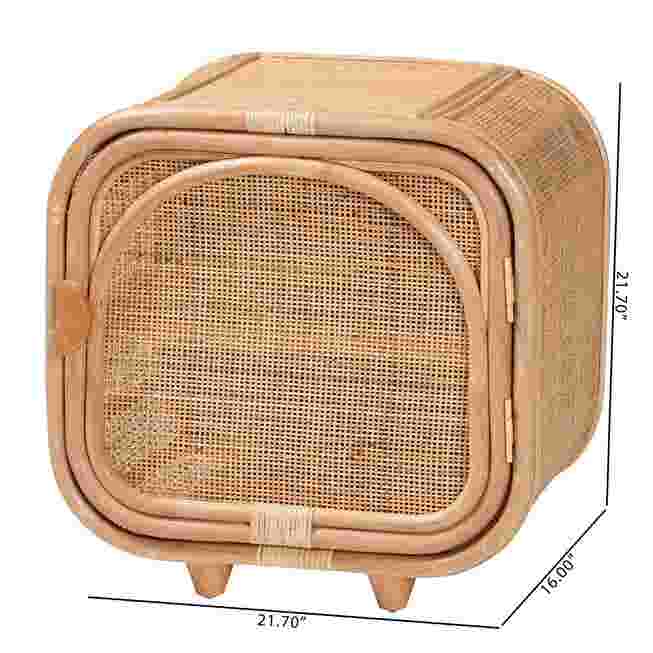 Rattan nightstand with dimensions labeled, showing its size.