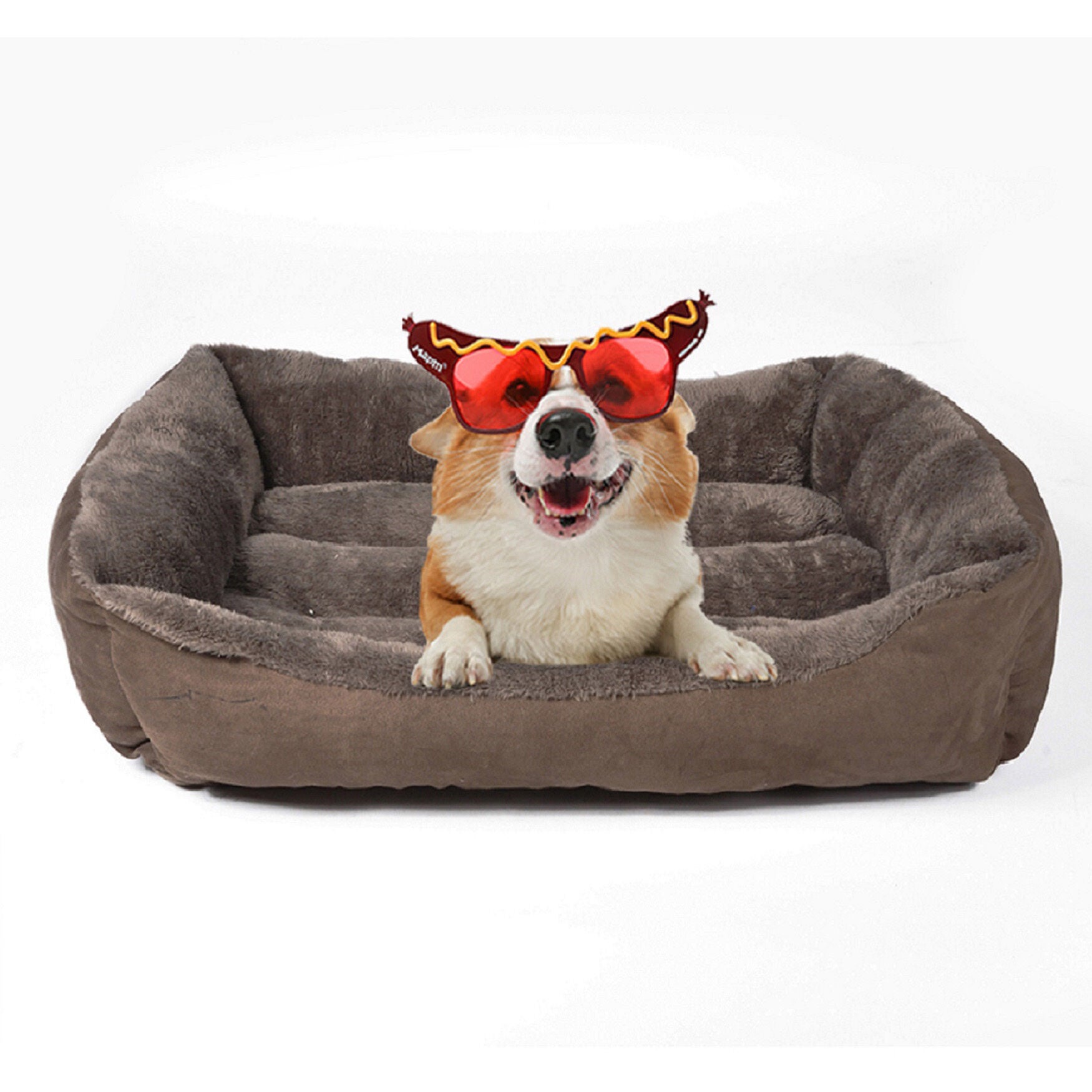 Happycare Tex Plush to suede Rectangle Pet Bed, 25 inches by 21 inches, Brown/Coffee, M size, BROWN, hi-res image number 0