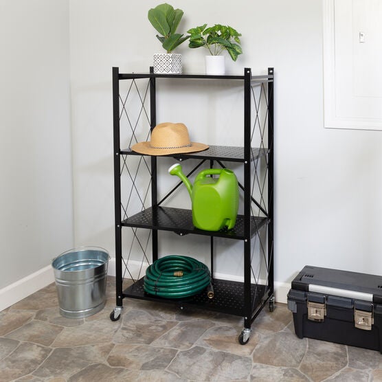4-Tier Metal Folding Shelf on Wheels, BLACK, hi-res image number null
