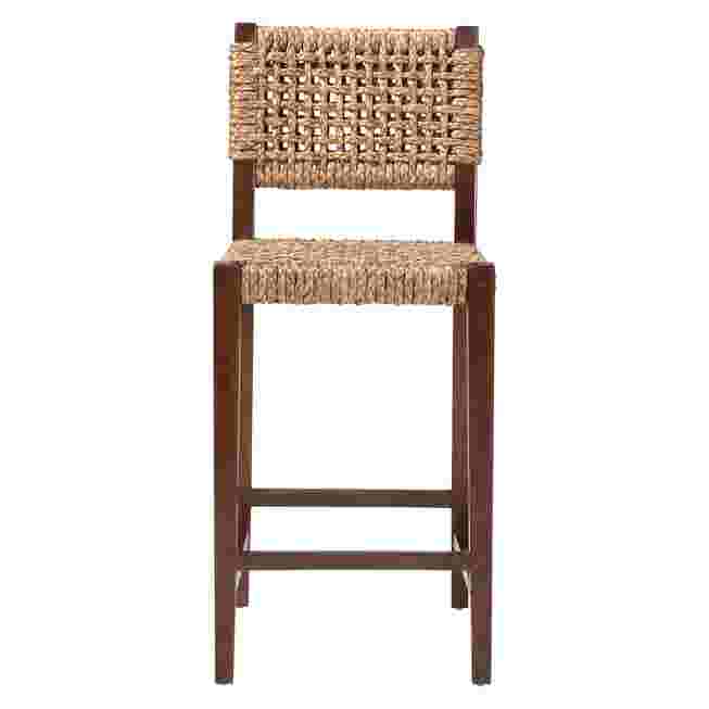 Handwoven seagrass bar stool with dark wood frame and footrest