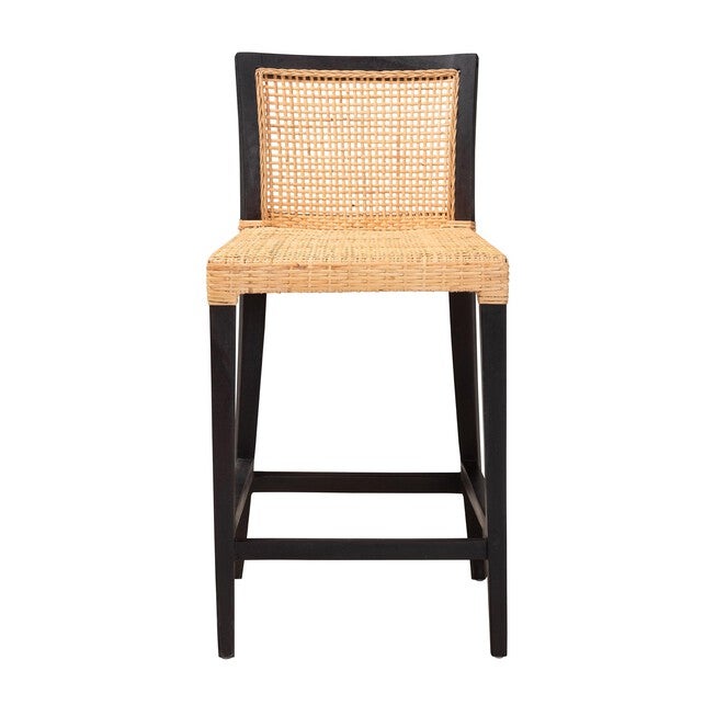 Lingga Modern Bohemian Dark Brown Mahogany Wood And Natural Rattan Counter Stool, , on-hover image number null