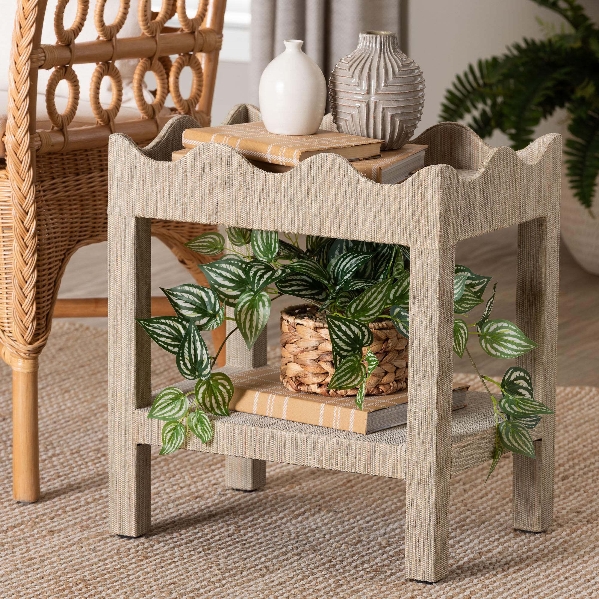 Sebastian Grasscloth Beige Scalloped End Table, BEIGE, hi-res image number 0