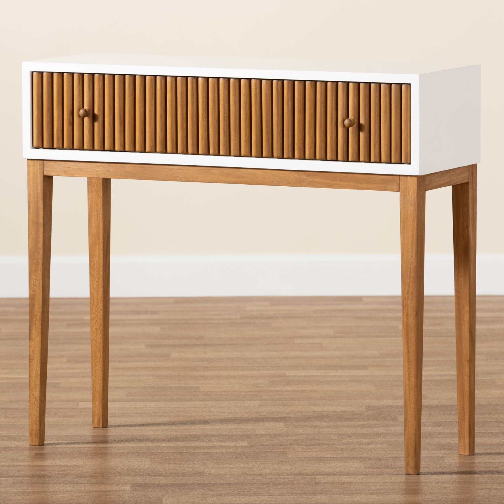 Odile Mid-Century Modern Two-Tone Natural Brown And White Bayur Wood 1-Drawer Console Table, , alternate image number 8