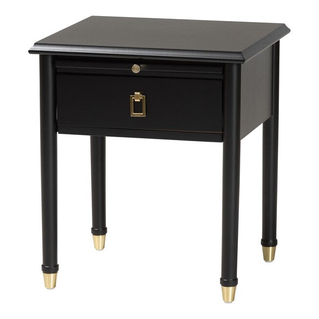 Black nightstand with drawer and pullout shelf