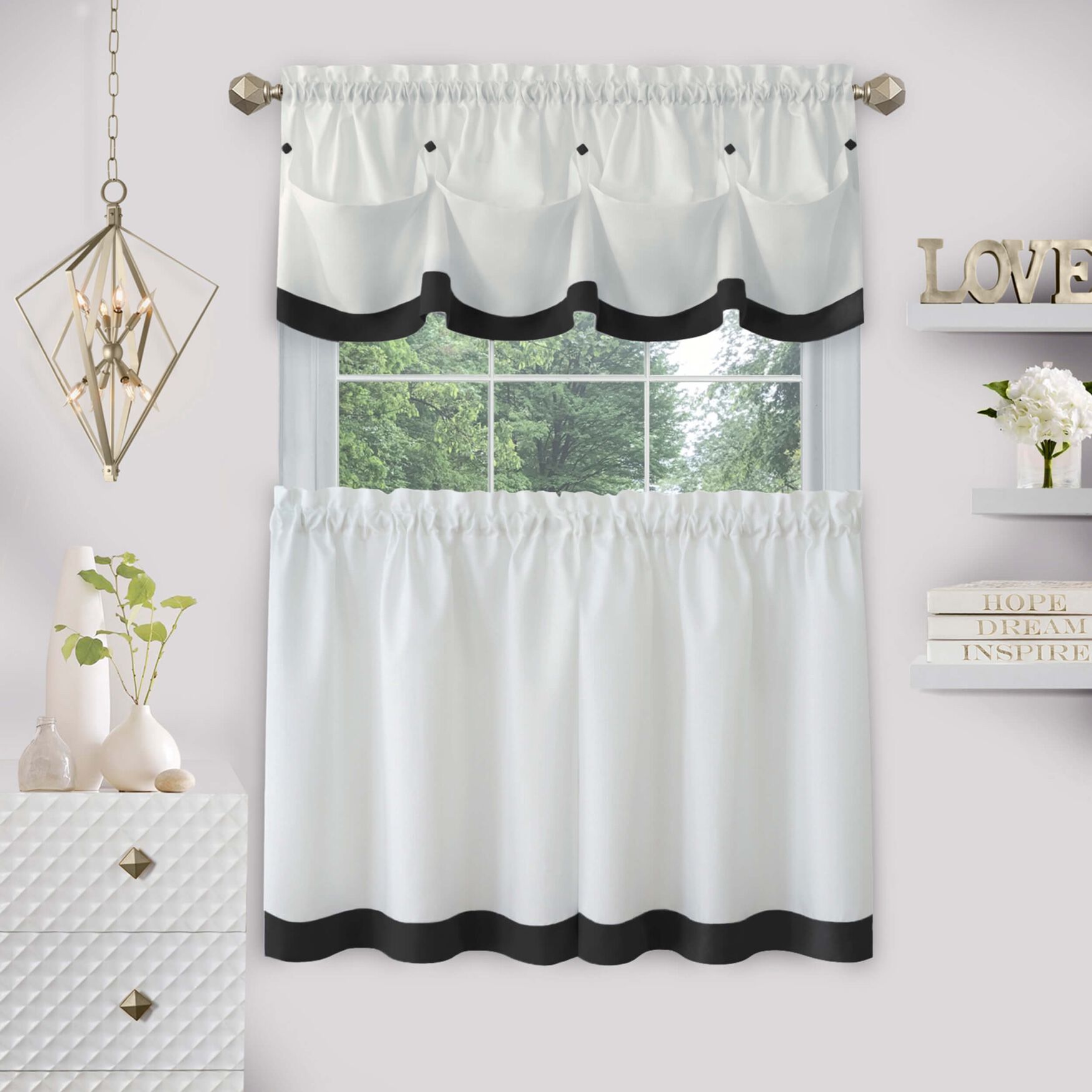 Lana Window Curtain Tier Pair And Valance Set, BLACK, hi-res image number 0