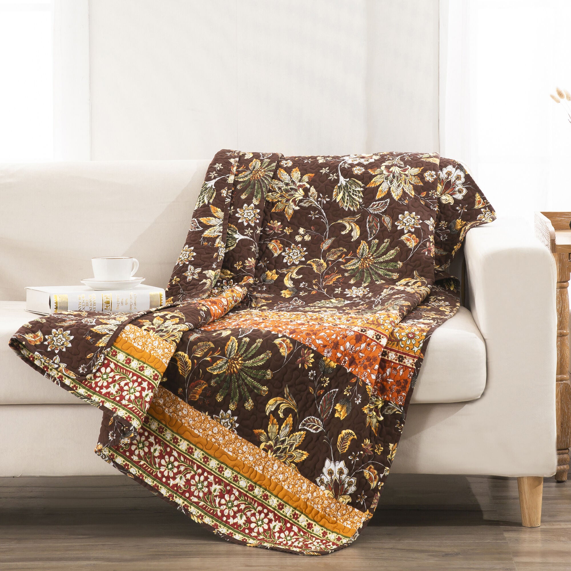 Audrey Boho Botanical Quilted Throw Blanket, Chocolate, CHOCOLATE, alternate image number 3