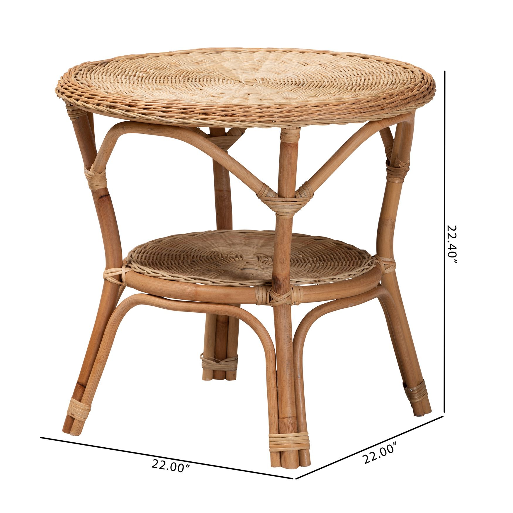 Natural rattan round coffee table with lower shelf and curved legs