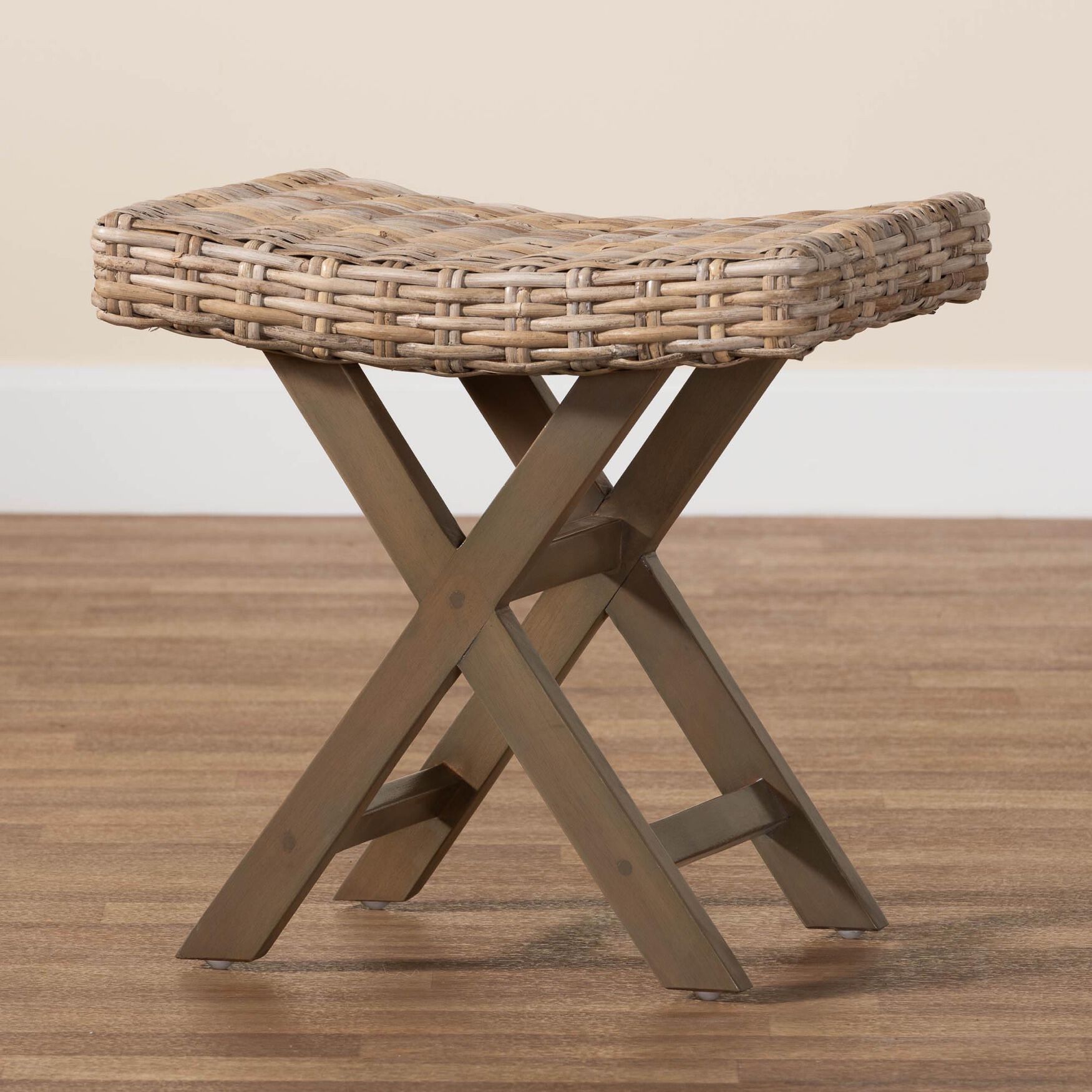Hayate Bohemian Grey Kubu Rattan And Mahogany Wood Ottoman Footstool, , alternate image number 5