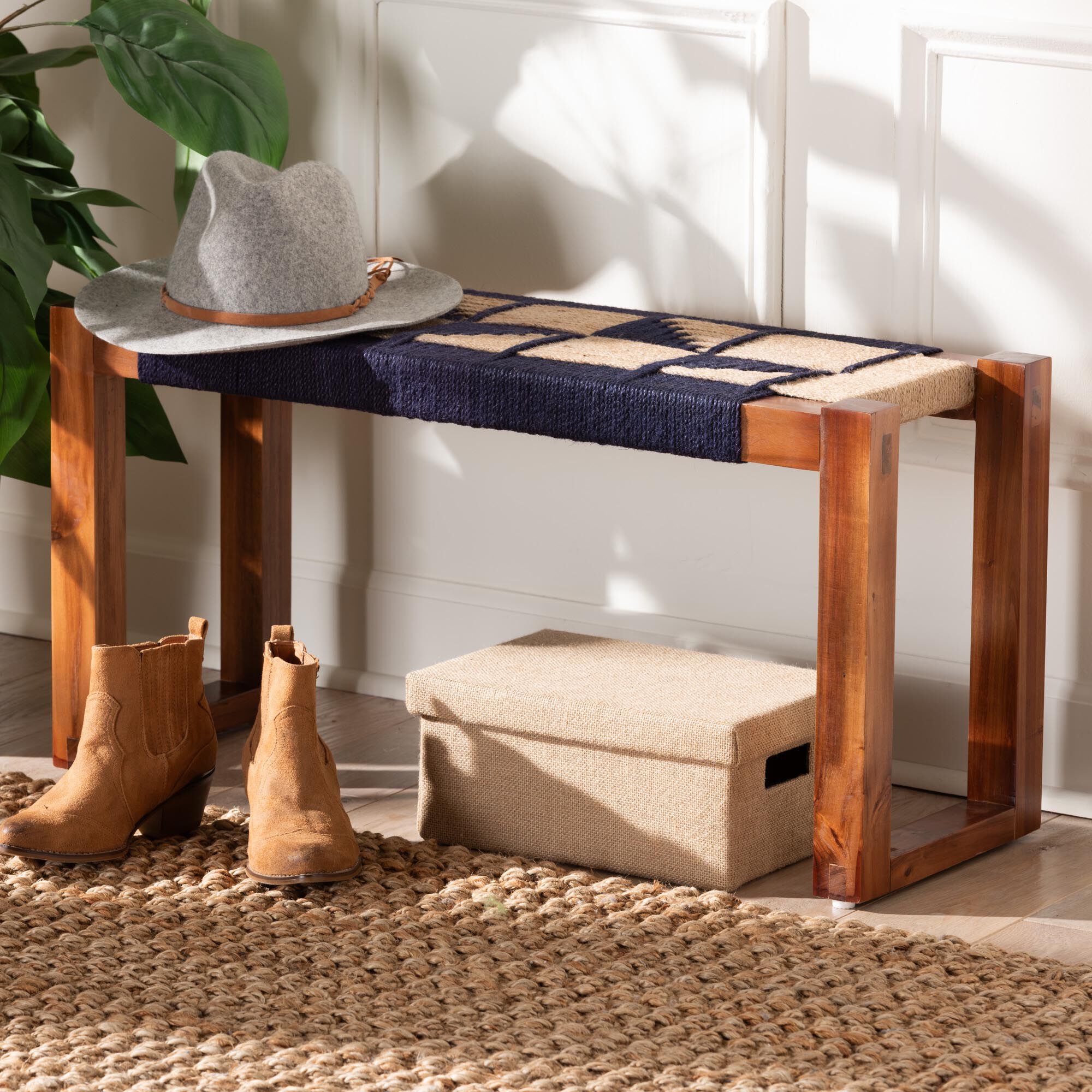 Jerilyn Modern Bohemian Two-Tone Navy Blue and Natura Brown Seagrass and Acacia Wood Accent Bench, BLUE, hi-res image number 0