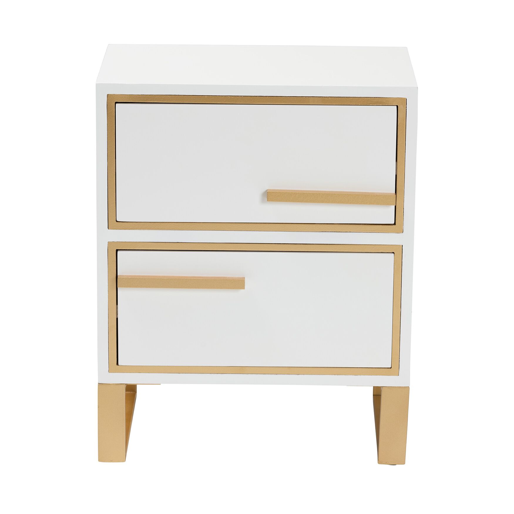 White nightstand with gold metal accents and two drawers