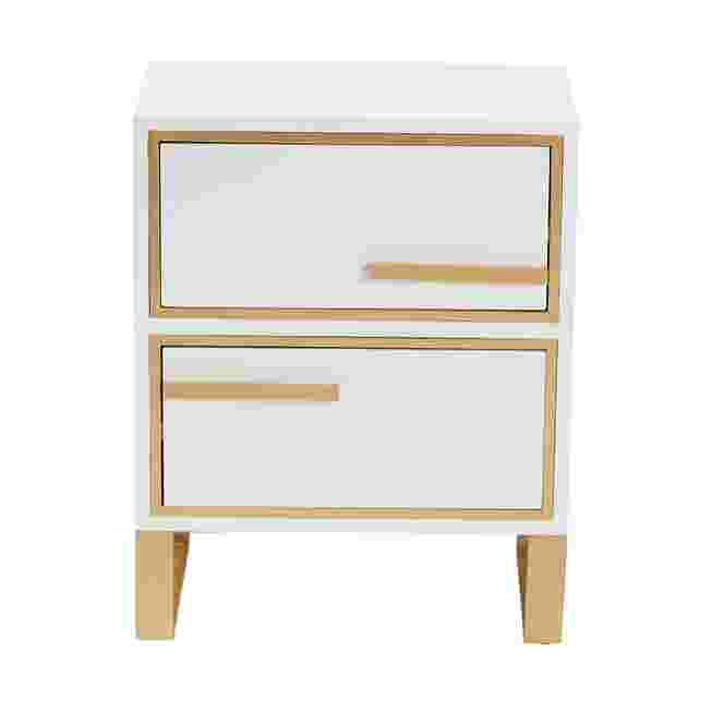 White nightstand with gold metal accents and two drawers