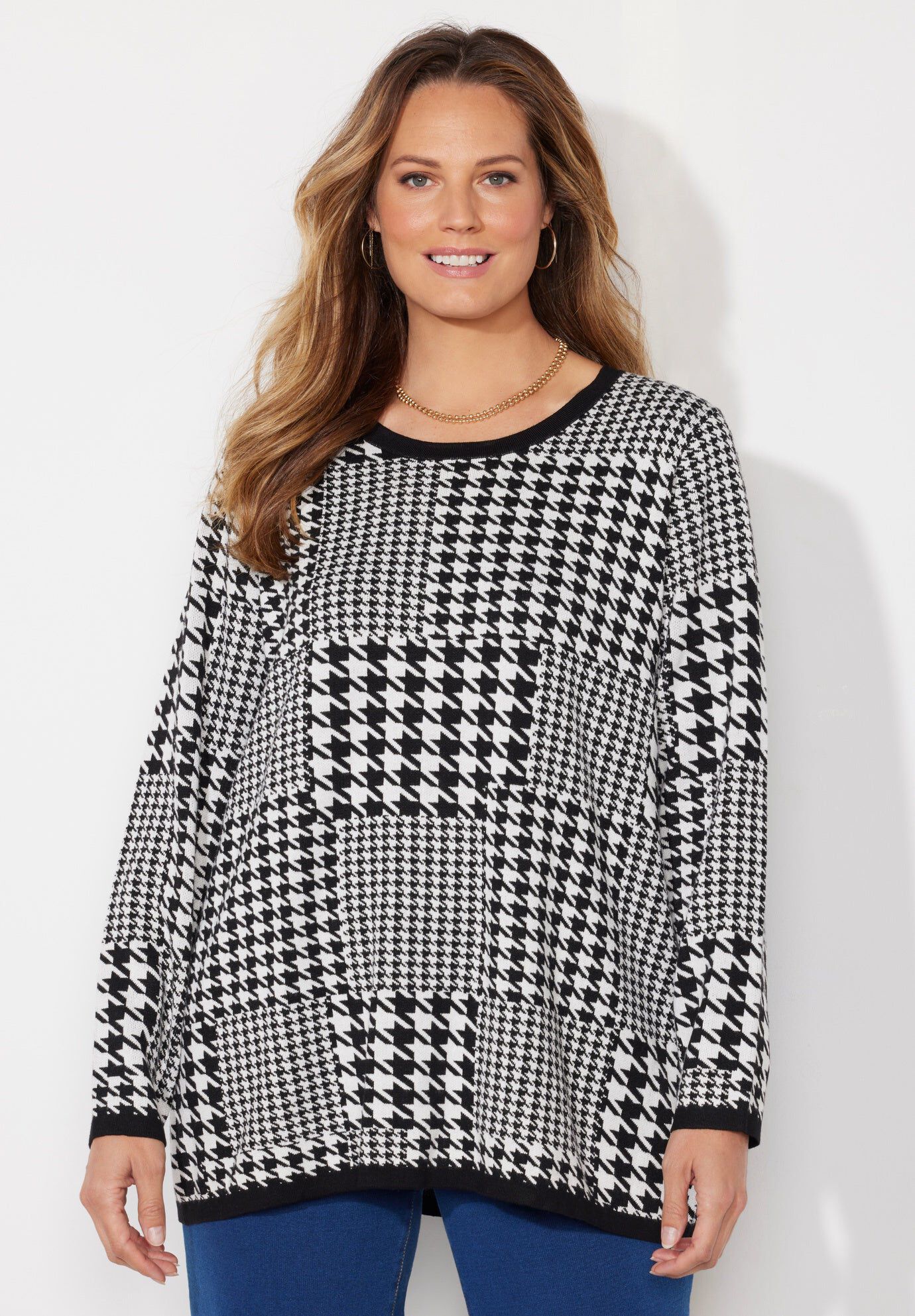 Liz&Me&reg; Patterned Pullover Sweater, BLACK HOUNDSTOOTH PATCHWORK, hi-res image number 0