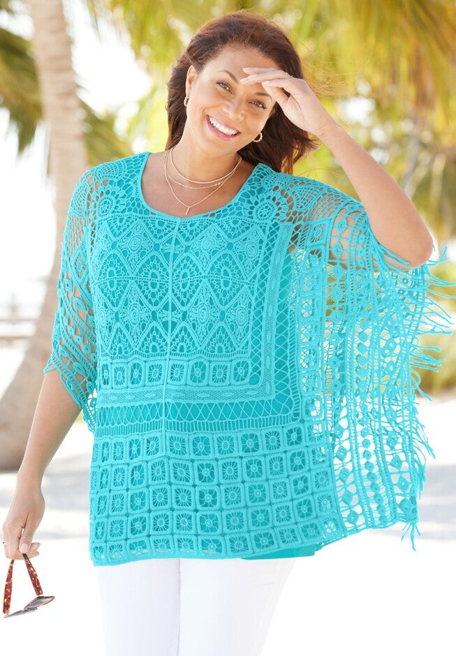 Openwork Fringe Poncho, , alternate image number null