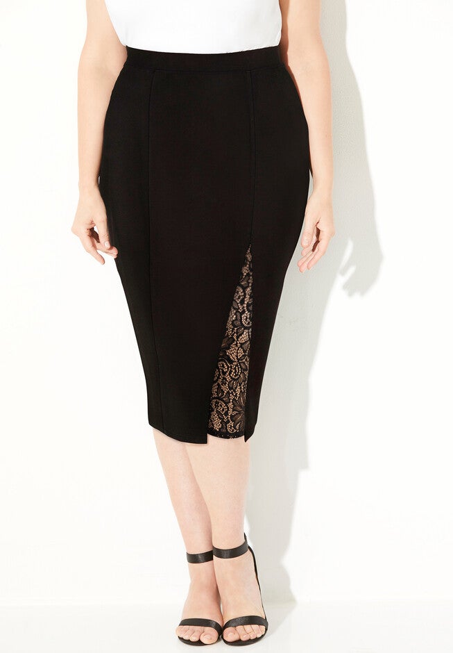 Curvy Collection Lace Detail Ponte Skirt, BLACK, hi-res image number 0
