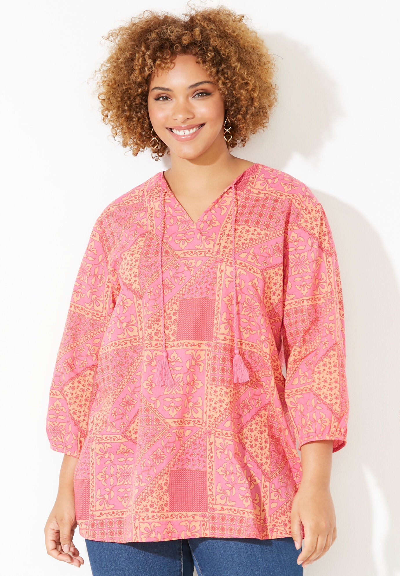 Liz&Me&reg; Classic Peasant Top, PINK BURST PATCHWORK, hi-res image number 0