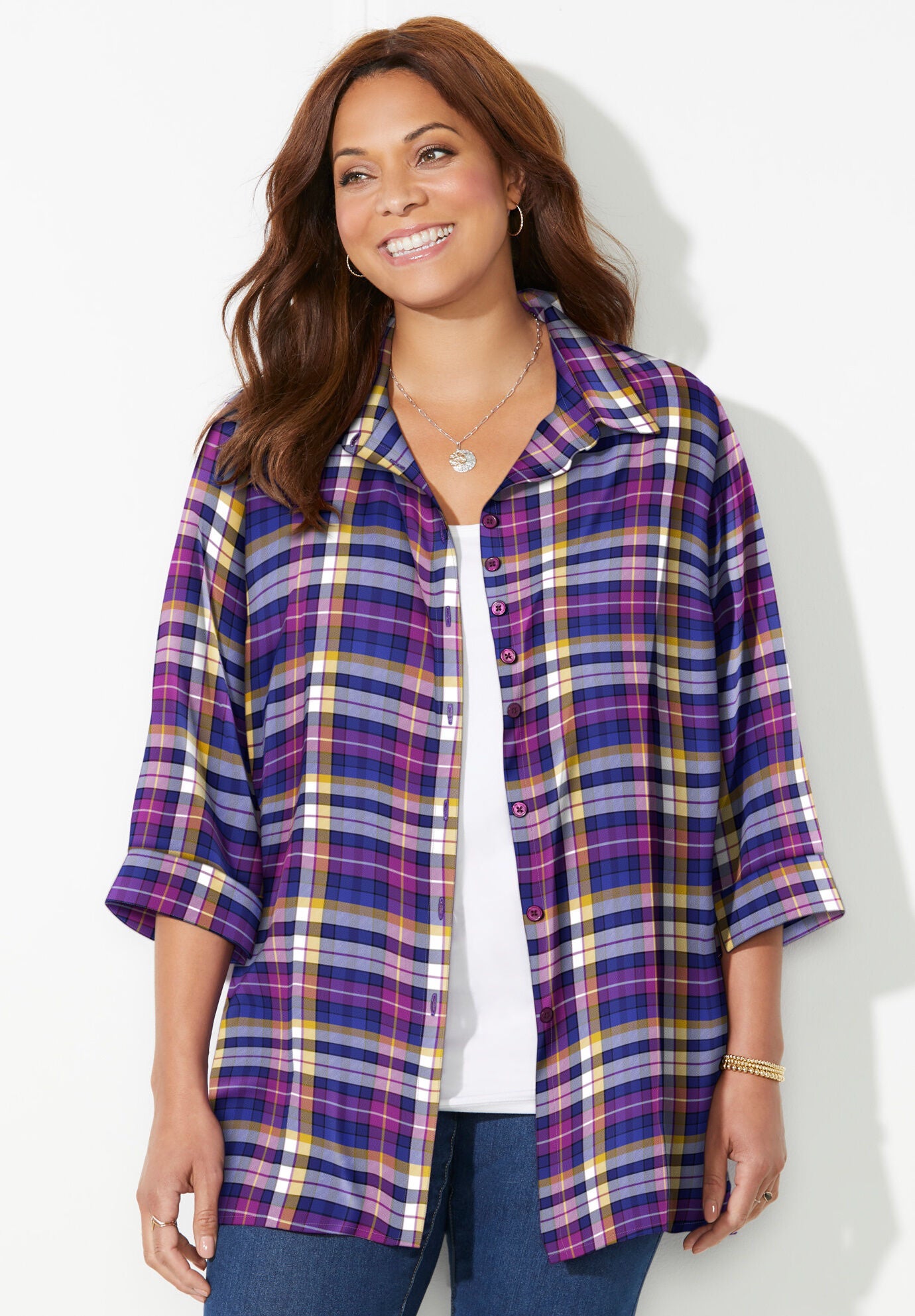 Buttonfront Plaid Tunic, DARK SAPPHIRE PLAID, hi-res image number 0
