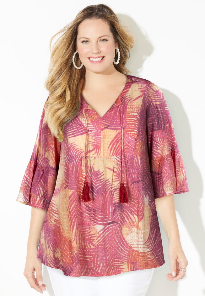 Island Time Flowy Top, PINK BURST TEXTURED TROPICAL, hi-res image number null