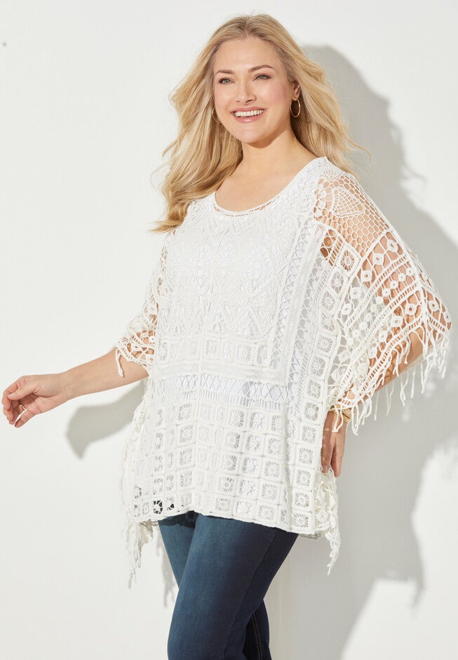 Openwork Fringe Poncho, , alternate image number null