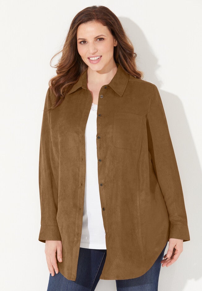 Sueded Buttonfront Shirt, TOFFEE, hi-res image number null