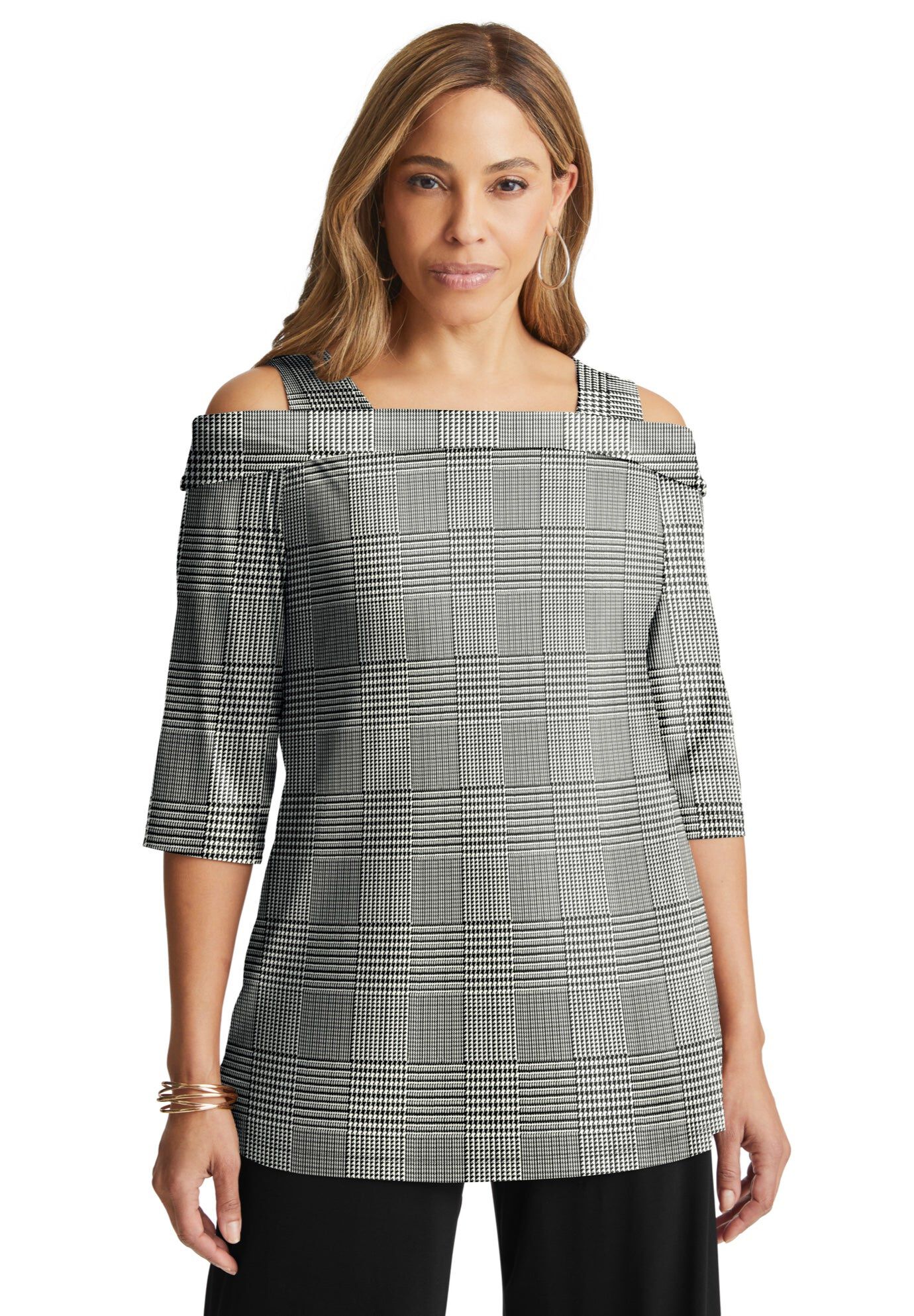 Cold Shoulder Top, BLACK IVORY GLEN PLAID, hi-res image number 0