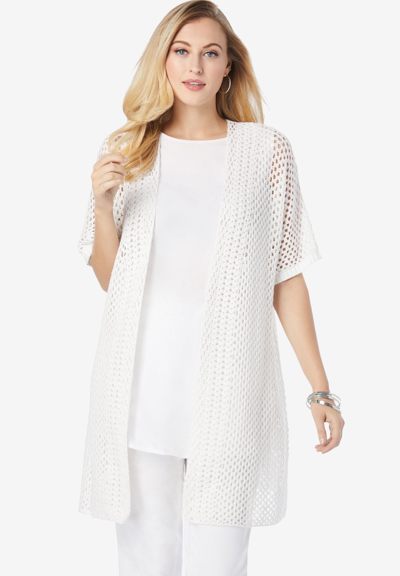Ladies Crochet Long Cardigan White Jessica London