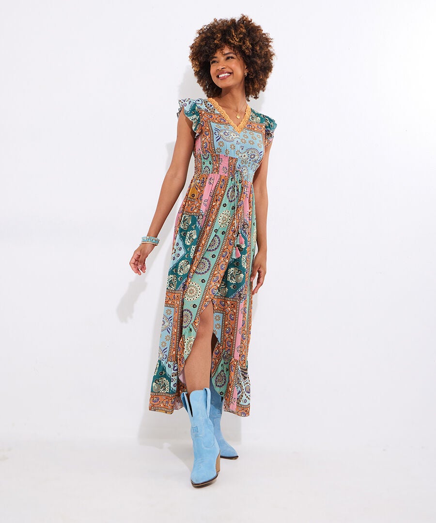 Patchwork Slit Maxi Dress, MULTI PATCHWORK, alternate image number 3