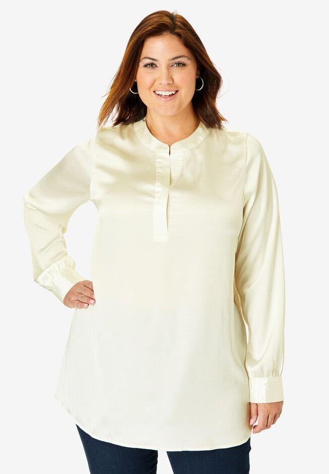 Silky Placket Front Blouse, IVORY, hi-res image number 0